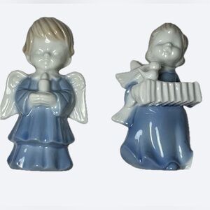 (2 pieces) Vintage Ceramic Angel Figurines in Blue and White